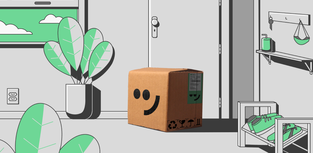 Ilustração Abbiamo. Caixa entregue à porta com sorriso, num cenário residencial.