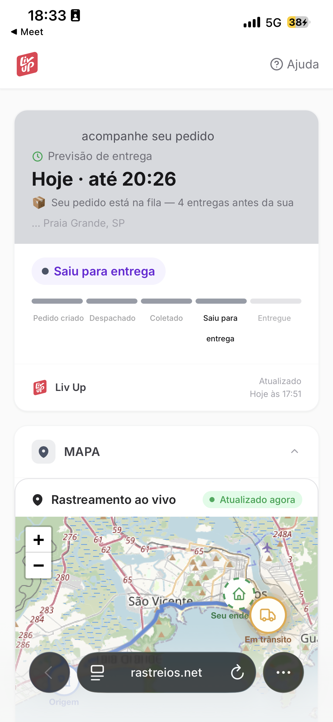 Página de tracking Liv Up com ETA, etapas e mapa de pré-visualização
