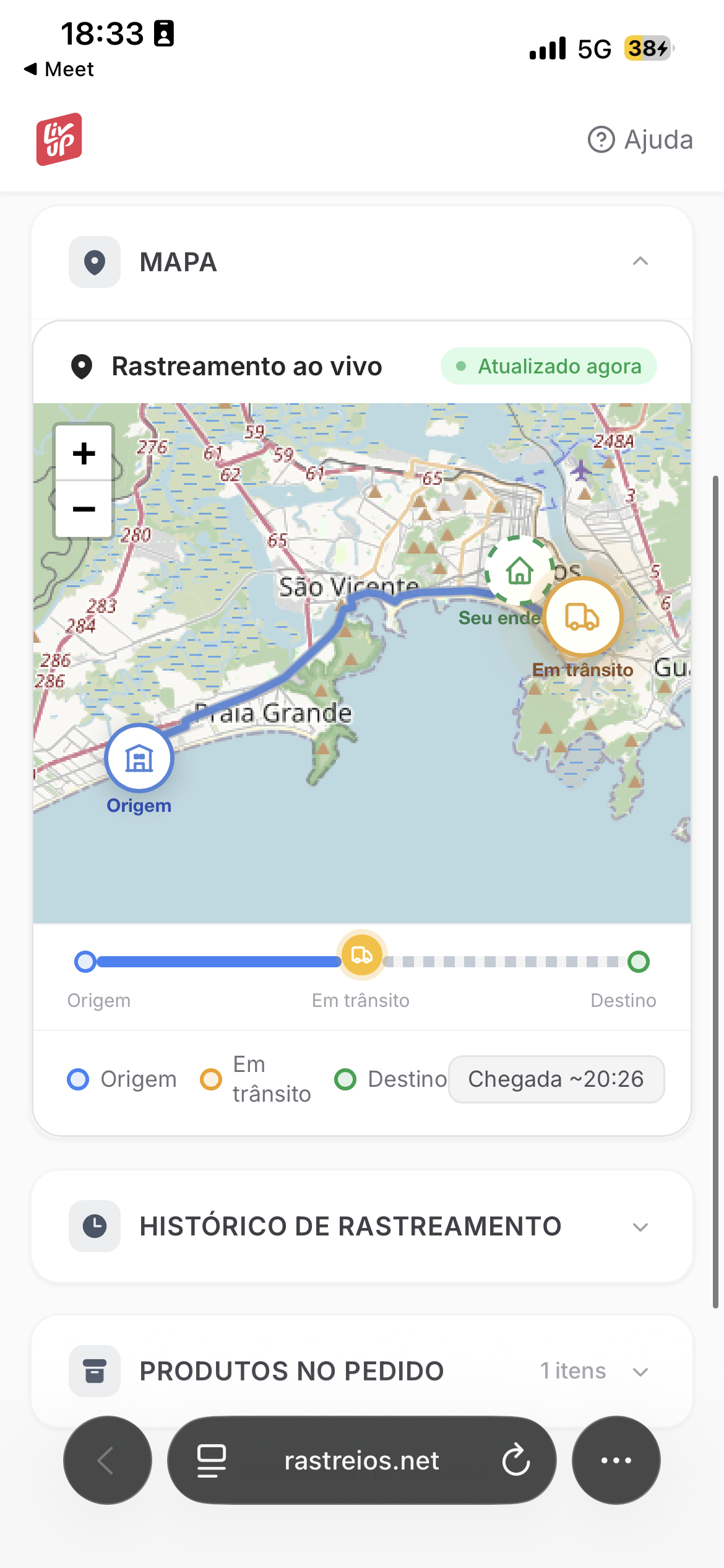 Mapa de rastreamento ao vivo do pedido Liv Up