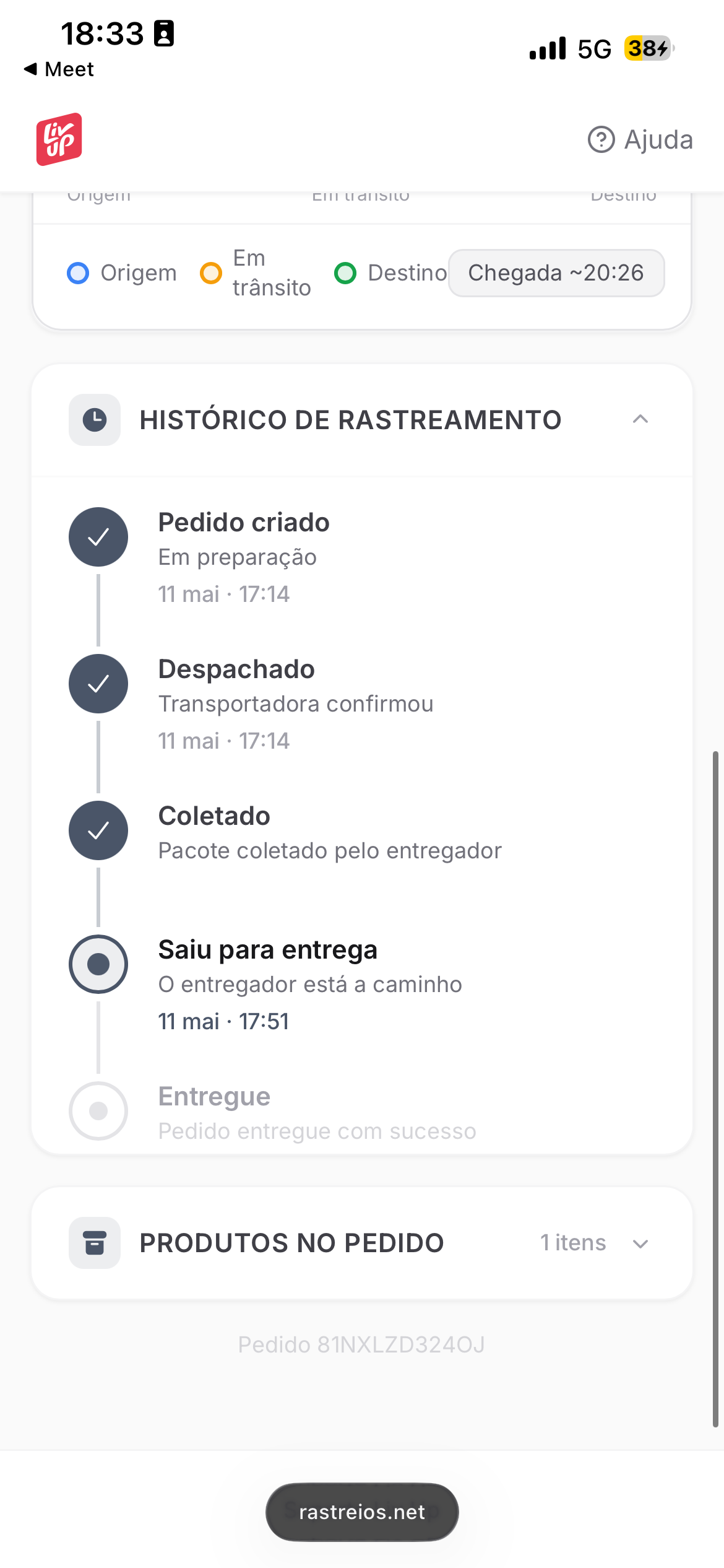 Histórico de rastreamento e itens do pedido Liv Up